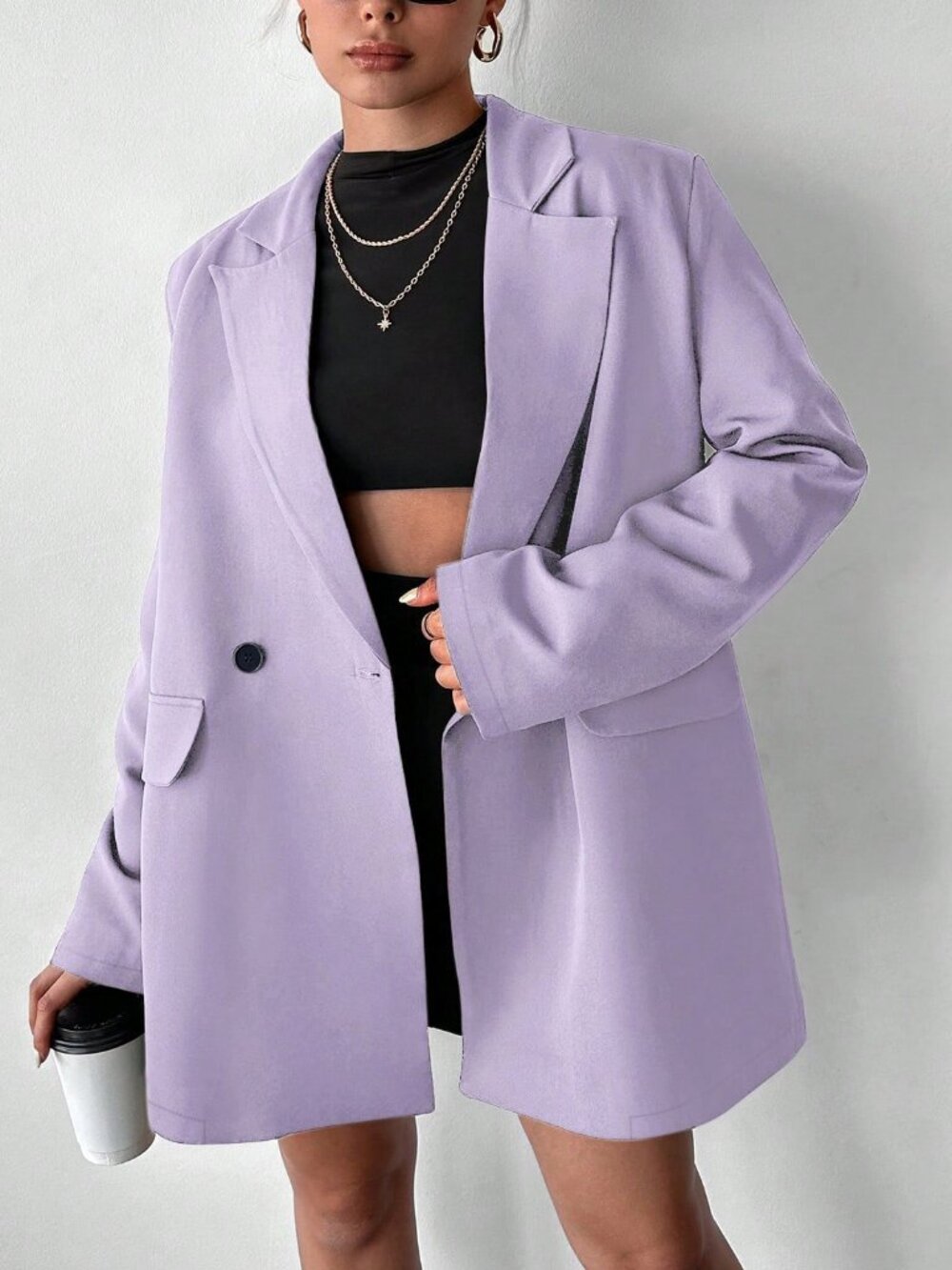 Mauve Elegant Womens Oversized Padded Shoulder Mid-Length Double-Breasted Blazer